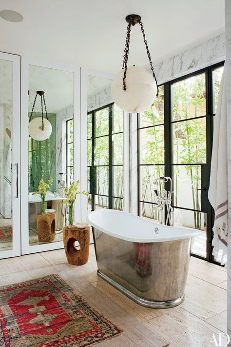 Waterworks tub with a burnished-nickel | archdigest.com Bathroom Decor Pictures, Metal Tub, Iron Windows, Luxury Bathrooms, Celebrity Homes, Jenni Kayne, Bad Design, Dream Bathrooms, Los Angeles Homes