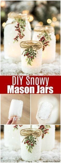 DIY Snowy Mason Jars – create faux snow-covered mason jar luminaries for the holiday season #MasonJars #Holidays #Diy #Christmas #ChristmasTime #ChristmasCrafts Snowy Mason Jars, Mason Jar Christmas Crafts, Mason Jar Luminaries, Holiday Mantle, Faux Snow, Christmas Mason Jars, Christmas Jars, בר מצווה, Jar Diy