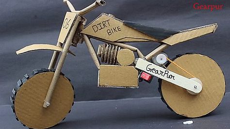 Cardboard Motorcycles Bike Craft, Simple Bike, Cardboard Car, Motorcycle Diy, Diy Motorcycle, Cardboard Model, Biking Diy, Cardboard Toys, Cardboard Sculpture