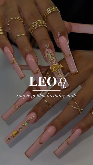 Birthday Design Nails Nailart, Birthday Nails Pink And Gold, Birthday Nails Inspiration Leo, Pink Leo Birthday Nails, 20th Bday Nails, Gold Leo Nails, Gold Birthday Nails Acrylic, Leo Bday Nails, Libra Nails Design Long