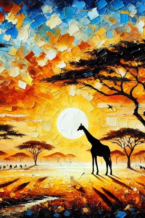 Bring the beauty of an African sunset into your home with this canvas. The rich colors and striking silhouettes of a giraffe and acacia trees are perfect for any decor. Get yours now! 🌅🦒🎨 #wallart #africanart #digitaldownload #sunsetpainting #artlovers #africandecor" African Landscape Painting, Savannah Landscape, Africa Painting, African Landscape, African Sunset, Acacia Tree, A Giraffe, African Decor, Africa Art