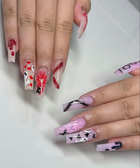 Halloween Gender Reveal Nails Ideas, Pink Spooky Nails Short, October Nails Halloween Short, Short Pink Halloween Nails, Medium Halloween Nails, Halloween Nails With Charms, Spooky Valentines Nails, Pink Halloween Nails Short, Pink Halloween Nails Acrylic