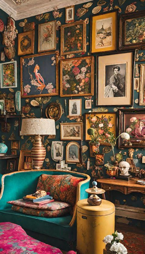 Vintage maximalism Vintage Maximalism, Maximalist Interior Design, Maximalist Interior, Boho Style Decor, Vintage Interior Design, Framed Pictures, Maximalist Decor, Maximalism, Vintage Interior