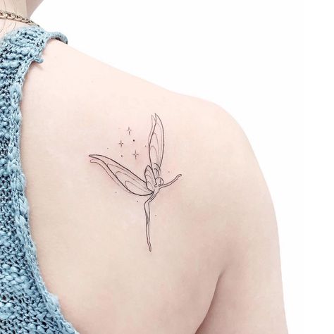 Fairy Line Tattoo, Fineline Fairy Tattoo, Cute Fairy Tattoo, Fine Like Fairy Tattoo, Fairy Back Tattoo, Fairy Fineline Tattoo, Little Fairy Tattoo, Fairy Line Art, Fairy Tattoo Linework