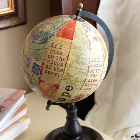 I love old globes fun way to decorate an old beat up one.  You could use scrapbook paper and inspirational quotes. Old Globe, Psalm 143, Repurposed Art, Globe Art, A Globe, Map Globe, Christian Stuff, We Are The World, Decoration Inspiration