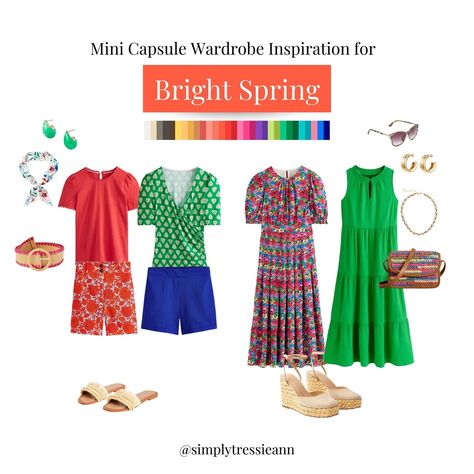 Bright Spring color palette mini capsule wardrobe inspiration Bright Spring Office Wardrobe, Bright Spring Color Palette Outfit, Bright Spring Outfits, Bright Spring Color Palette, Bright Spring Clothes, Mini Capsule Wardrobe, Capsule Wardrobe Inspiration, Clear Spring, Spring Palette