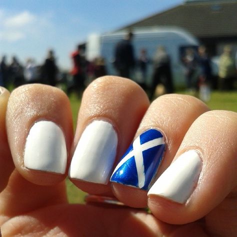 Scotland flag nail design  IG: @ALANNAIONA Scottish Flag Nails, Scotland Inspired Nails, Scotland Nail Design, Scotland Nails Art, Scottish Nail Designs, Scottish Nail Art, Scottish Nails, Scotland Nails, Flag Nail Art