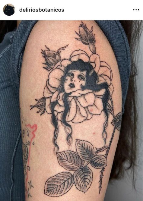 Goth Cottagecore Tattoo, Art Nouveau Woman Tattoo, Women’s Face Tattoo Drawing, Face In Flower Tattoo, Vintage Flowers Tattoo, Flower Women Tattoo, Midsize Tattoo, Art Nouveau Tattoo Woman, Trippy Flower Tattoo