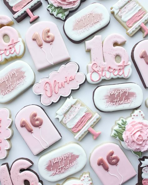 The “sweetest” 16th birthday cookies 🍪 first time using rose gold luster and I love the pop of detail it gives! 🎂 16 Birthday Cookies, 16th Birthday Cookies, 16 Cookies, Sweet 16 Birthday, Birthday Cookies, 16th Birthday, Sweet 16, First Time, Rose Gold