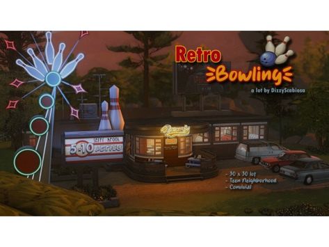 Retro Bowling - a bowling bar/diner by DizzyScabiosa - The Sims 4 Download - SimsFinds.com Ts4 Community Lots, Sims 4 Retro, Ts4 Builds, Ts4 Lots, Sims Lots, Sims 4 Save File, The Sims 4 Lots, Sims 4 Build Ideas, Retro Bowling