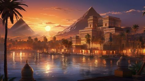 The Pharaohs Oasis City - graphiXperience Oasis City Fantasy Art, Fantasy Oasis City, Fantasy Oasis, Ancient Egyptian City, Egyptian City, Magical Scenery, Ancient Egyptian Cities, Calming Images, Fantasy City Map