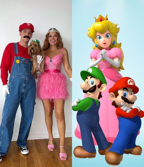 Diy Mario And Peach Costumes, Princess Peach Adult Costume Diy, Mario And Peach Costume, Mario And Peach Costumes For Couples, Peach And Mario Costume, Diy Mario Costume, Unique Diy Halloween Costumes, Things To Do In College, Mario Costume Diy