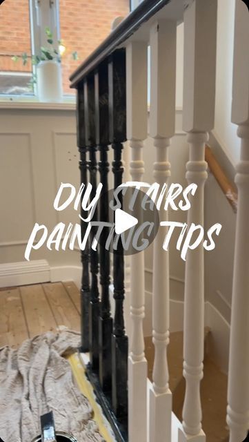 Black Painted Spindles On Stairs, Paint Spindles Black, Painting Railings For Stairs, Sanded Stairs, Black Stairs Painted, Painting Stairs Ideas Staircase Makeover, Staircase Painting Ideas, Painting Stair Railings, Painted Banister Ideas