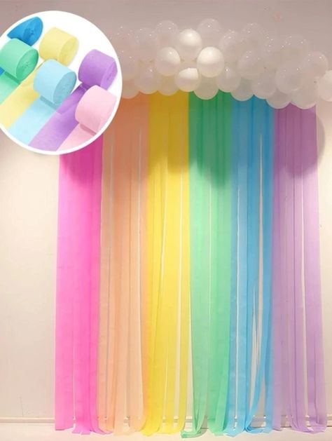 Painting Birthday Party Decorations, Color Theme Party Decoration, Pastel Goth Birthday Party, Alicorn Birthday Party, Party Streamer Ideas, Sprinkle Themed Birthday Party, Rainbow Decorations Party, Super Soft Birthday Party, Pastel Birthday Party Decorations