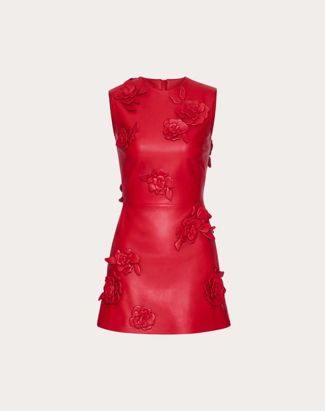 Short Dress In Embroidered Nappa for Woman in Red Red Leather Dress, Red Valentino Dress, Studded Sneakers, Moon Bag, Valentino Garavani Shoes, Valentino Dress, Red Cocktail Dress, Boutique Online, Leather Dress