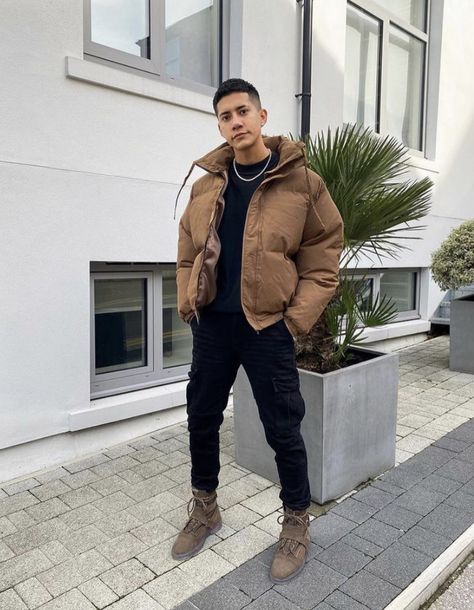 Puff Jacket Men, Brown Puffer Jacket Outfit Men, Beige Puffer Jacket Outfit, Bubble Jacket Outfit, Brown Puffer Jacket Outfit, Vest Men Outfit, Puffer Jacket Outfit Men, Puffer Jacket Outfits, Boys Puffer Jacket