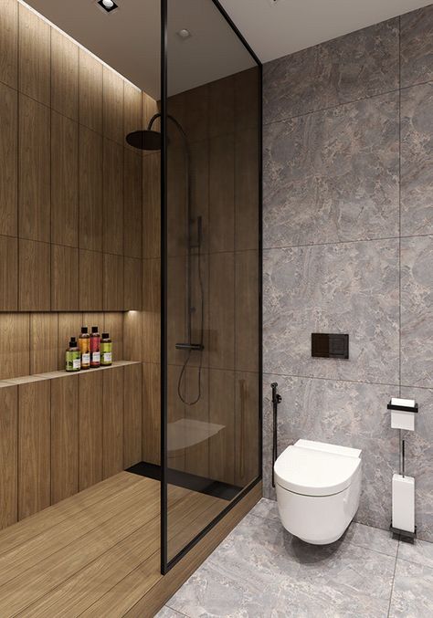 Stone and Wood bathroom. on Behance Color Bathroom Design, Bathroom Design Small Modern, Modern Small Bathrooms, Wood Tiles, Bathroom Shower Design, Bathroom Inspiration Modern, Bathroom Decor Luxury, Washroom Design, Bathroom Redesign