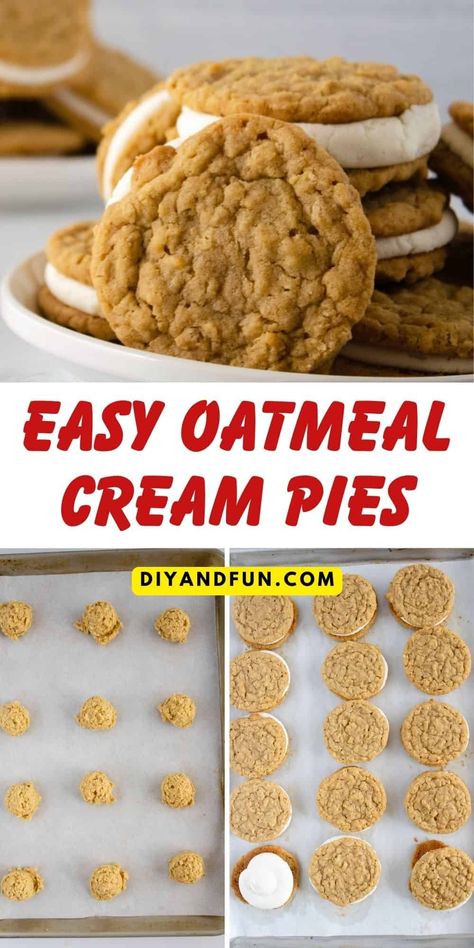 Easy Oatmeal Cream Pies, a delicious recipe for soft and chewy oatmeal cookies with a sweet creamy center. Oatmeal Pie Cookies, Oatmeal Cream Cookies, Homemade Oatmeal Cream Pies, Soft And Chewy Oatmeal Cookies, Easy Cream Pie, Oatmeal Dessert, Oatmeal Pie, Chewy Oatmeal Cookies, Cream Pie Filling