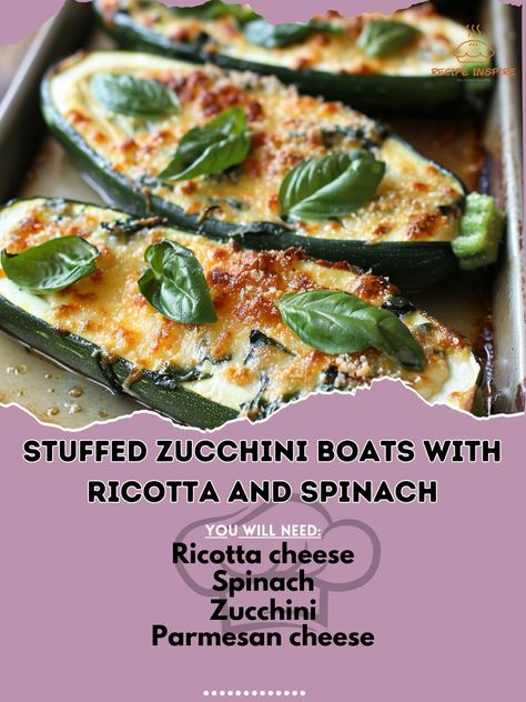 🍆 Stuffed Zucchini Boats with Ricotta and Spinach - a healthy and delicious delight! #HealthyEating #VeggieLovers Stuffed Zucchini Boats with Ricotta and Spinach Ingredients: Zucchini (4, halved lengthwise) Ricotta cheese (1 cup) Spinach (2 cups, chopped) Parmesan cheese (1/2 cup, grated) Egg (1) Garlic (2 cloves, minced) Salt and pepper (to taste) Olive oil (2 tbsp) Instructions: Preheat oven to 375°F (190°C). Scoop out the center of each zucchini half, leaving a boat shape. In a bowl, m... Stuffed Zucchini Boats With Ricotta And Spinach, Zucchini Recipes Dessert, Stuffed Zucchini Boats, Stuffed Zucchini, Zucchini Squash, Zucchini Boats, Parmesan Zucchini, Spinach Stuffed Mushrooms, Recipes Dessert