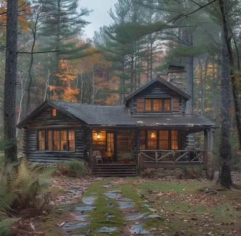 Dark Wood Cabin, Cottages In The Woods, Two Story Cabin, Wood Cottage, Wood Cabin, Cabin Rustic, Oregon Living, Log Cabin Rustic, Family Cabin