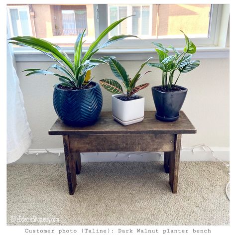 Porch Plant Stand, Plant Stand Bench, Farmhouse Entryway Bench, Plant Bench, Small Wooden Bench, Plant Stand Wood, Rustic Plant Stand, Front Porch Plants, Rustic Wooden Bench