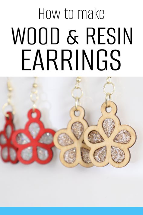 Learn how to laser cut wood and add UV resin to to create unique earrings. Laser Engraving Jewelry Ideas, Laser Projects Ideas, Uv Resin Jewelry Diy, Laser Wood Projects, Lazer Engraver Ideas, Wood Earrings Diy, Laser Cut Earrings Wood, Resin Earrings Ideas, Resin Earrings Diy