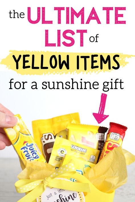 DIY the perfect yellow sunshine gift with this huge list of ideas! Perfect in just about any situation, this DIY yellow gift basket is sure to bring a smile to someone's face. Plus, free printable tags! Yellow Teacher Appreciation Gifts, Happy Basket Care Packages, Sunshine Gift Box Ideas, Sunshine Bag Ideas, Sunshine Basket Care Packages, Cheer Up Gifts Friends Care Packages, Cheer Up Box Care Packages, Teacher Gift Bags Ideas, Thinking Of You Gifts