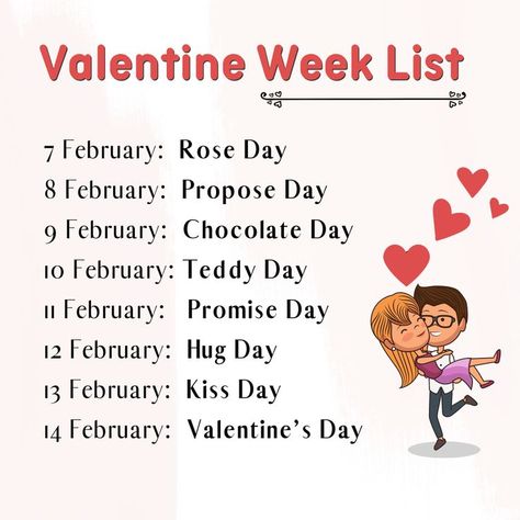 The Beautiful Image of Valentines Week List 2022. The List include Rose Day, Propose Day, Chocolate Day, Teddy Day, Promise Day, Hug Day, Kiss Day and Happy Valentines Day February Love Days, February Days List, Valentine Week List, February Special Days, Valentine Day Calendar, Love You More Quotes, Happy Valentines Day Pictures, Valantine Day, Valentine Week