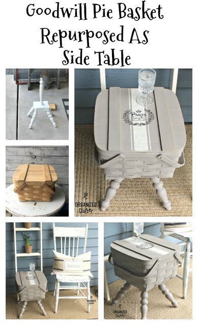 Picnic Basket Repurpose Ideas, Repurpose Baskets Ideas, Side Table Upcycle, Basket Side Table, Basket Upcycle, Table Upcycle, Repurpose Diy, Upcycled Furniture Before And After, Repurpose Projects