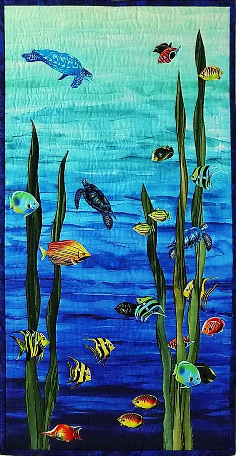 Wall Quilt 22 x 42 "Beneath the Waves" by Linda Wulf Koenig The Sea Background, Seascape Quilts, Art Camp Projects, Turtle Quilt, Sea Background, Fish Tropical, Seahorse Art, Beach Quilt, Bargello Quilts