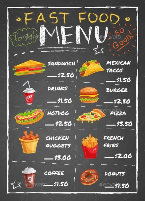 Fast Food #Restaurant #Menu On Chalkboard - #Food Objects Download here: https://graphicriver.net/item/fast-food-restaurant-menu-on-chalkboard/19519202?ref=alena994 Menu On Chalkboard, Concession Stand Menu, Makanan Cepat Saji, Design Cibo, Menu Burger, Food Truck Menu, Menue Design, Burger Menu, Food Truck Business