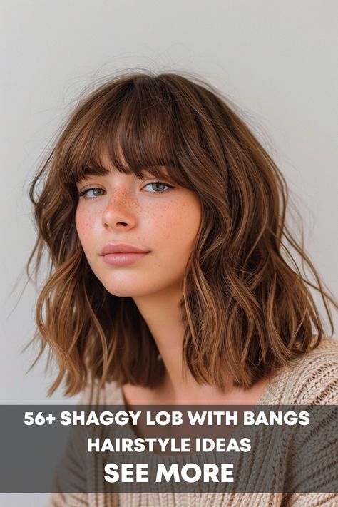 Combine the relaxed charm of a long bob with edgy shaggy layers and bangs for a modern, chic hairstyle. Check out shaggy lob ideas here. Shag Lob Haircut With Curtain Bangs, Edgy Lob, Lob Ideas, Shaggy Lob With Bangs, With Bangs Hairstyle, Lob Haircut With Bangs, Shaggy Lob, Lob Cut, Shaggy Layers