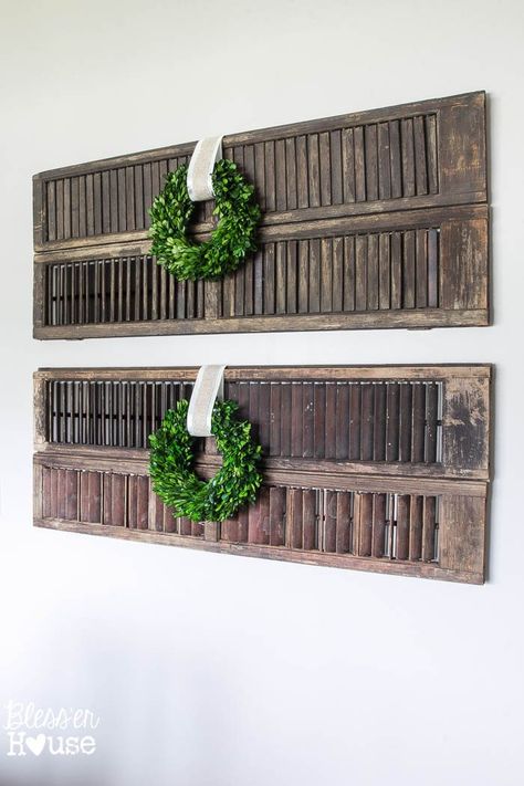 Thrifty Shutter Wall Decor | blesserhouse.com Diy Dining Room Decor, Shutter Wall Decor, Store Lighting, Shutter Wall, Dining Room Decor Ideas, Vintage Shutters, Diy Dining Room Table, Ideas Habitaciones, Appartment Decor