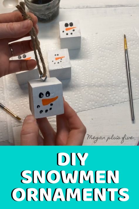 Wooden Block Christmas Ornaments, Wooden Block Ornaments Diy, Small Christmas Tree Ornaments Diy, Wooden Cubes Craft Diy Projects, Wooden Block Christmas Crafts, Wooden Cube Crafts, Wood Block Snowmen Diy, Snowman Wood Blocks, 2x4 Snowmen Wood Blocks