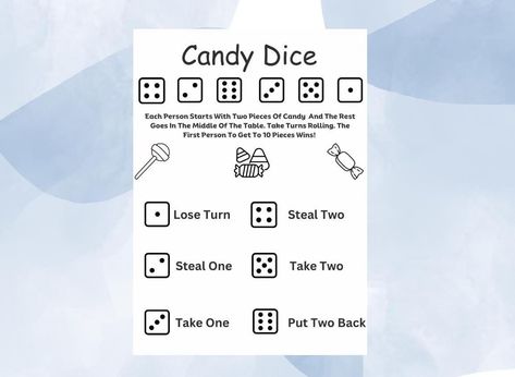 Introducing our Candy Dice Printable Icebreaker Game! Add a sweet twist to your next gathering with this fun and interactive game. Simply print out the game card and gather your friends for a night of laughs and good times. Perfect for parties, game nights, or team-building activities, this game is sure to break the ice and get everyone engaged. Let the good times roll with our Candy Dice Printable Icebreaker Game! Note to Customers All design templates sold by Designs by Ran are UNIQUE and ORIG Dice Printable, Icebreaker Questions, Ice Breaker Questions, Candy Games, Ice Breaker Games, Building Activities, Candy Cards, Let The Good Times Roll, Team Building Activities