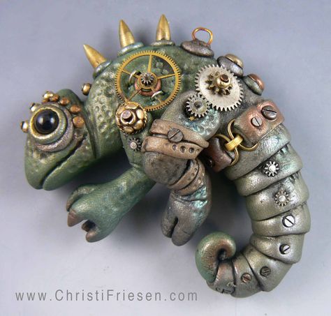 "Spike" steampunk chameleon focal bead by Christi Friesen.  I created this one for my "Steampunkery" book.    #polymer #steampunkSculpture  #chameleon  #christiFriesen Steampunk Chameleon, Steampunk Turtle, Polymer Clay Steampunk, Christi Friesen, Steampunk Animals, Steampunk Items, Art Steampunk, 3d Figures, Punk Art