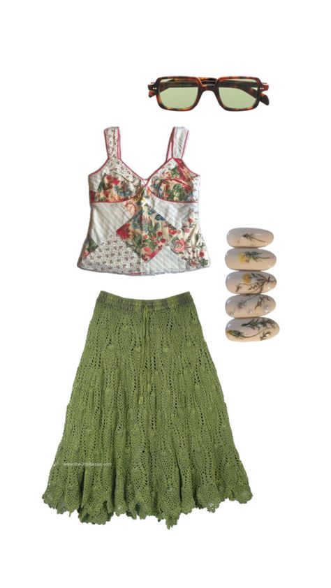 Loose Stitch Crochet, Green Relaxed Beach Skirt, Tortoise Clothes, Tiered Floral Print Beach Skirt, Beach Green Printed Tank Top, Cottage Core Outfit, Beach-ready Boho Print Tiered Skirt, Floral Cottage, Shell Sunglasses