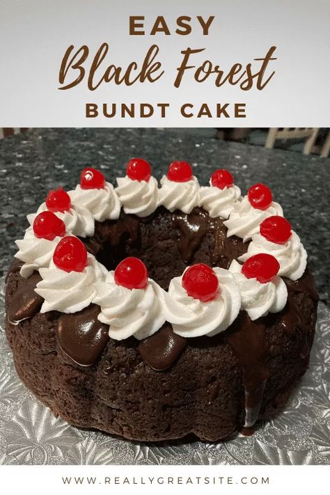 Black Forest Bundt Cake Recipe, Black Forest Bundt Cake, Black Forest Cherry Cake, Black Forest Cake Easy, Valentine Baking, Cake Mix Doctor, Black Forest Cake Recipe, Cherry Pie Bars, No Bake Cherry Cheesecake