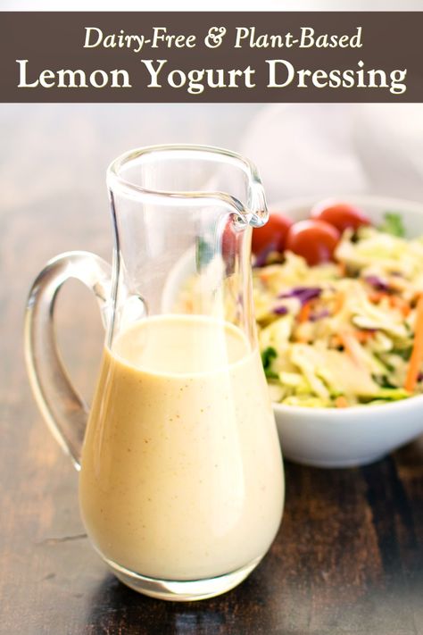 Dairy-Free Lemon Yogurt Salad Dressing Recipe - optionally vegan, paleo, and allergy-friendly. Light and creamy, great with fresh salads. Vegan Blue Cheese Dressing, Yogurt Salad Dressing, Yogurt Salad, Dairy Free Dips, Dairy Free Salads, Salad Dressing Recipe, Quick Salads, Spicy Brown Mustard, Yogurt Dressing