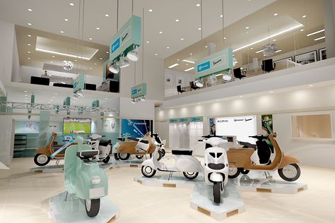 New Vespa dealership 3D design - coming to Jakarta soon! Motorcycle Showroom Design, Garage Theme, Vespa Shop, Bike Showroom, New Vespa, Motorcycle Workshop, Motorcycle Store, Scooter Shop, Motorcycle Shop