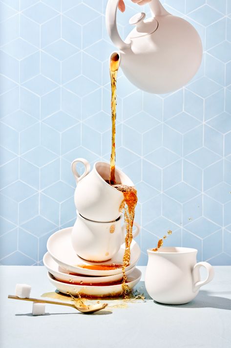 Tea Party Still Life Photography, Pouring Tea Illustration, Tea Photoshoot Ideas, Pouring Tea Reference, Surreal Product Photography, Tea Pot Pouring, Teapot Pouring Tea, Teapot Photography, Tea Party Photoshoot