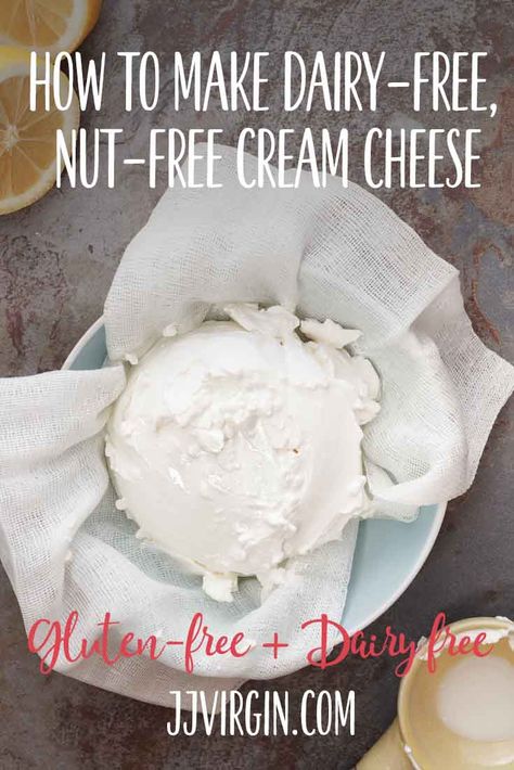 This simple recipe for homemade Paleo cream cheese is nut-free, dairy-free, soy-free and SUPER tasty! So good, you could just eat it with a spoon! Get this dairy free, gluten free recipe now...... Paleo Cream Cheese, Homemade Cream Cheese Recipe, Dairy Free Bread, Dairy Free Cream Cheese, Desserts Cookies, Vegan Cheese Recipes, Dairy Free Snacks, Dairy Free Breakfasts, Dairy Free Diet