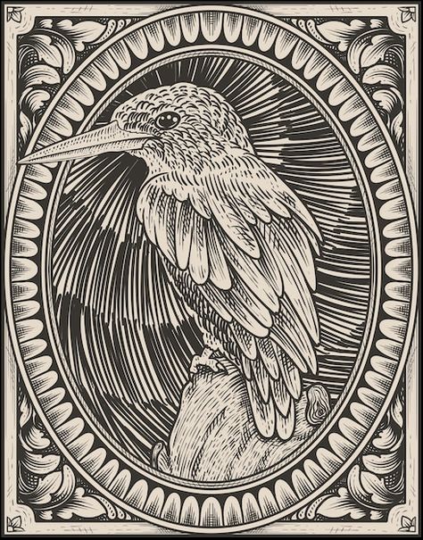 Illustration vintage beautiful bird with... | Premium Vector #Freepik #vector #vintage-animal #vintage-bird #etching #engraving Vintage Ink Illustrations, Bird Etching, Bird Engraving, Scrimshaw Art, Birds Illustration, Engraving Tattoo, Vintage Bird Illustration, Woodcut Art, Small Watercolor