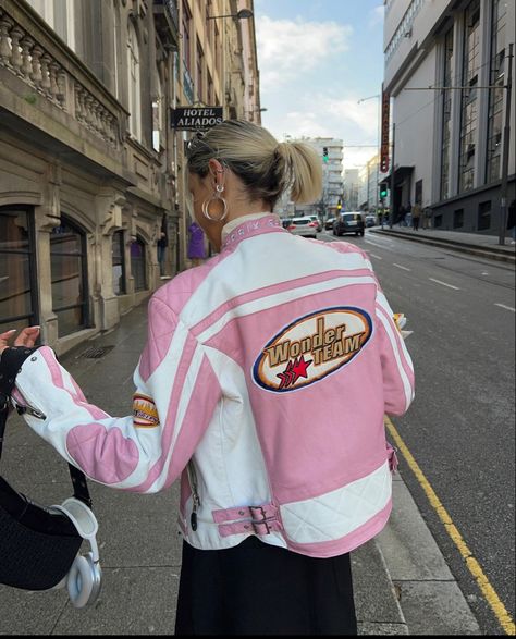 Jacket Pink Outfit, Racer Jacket Outfit Women, Racer Fashion, Racer Jacket Outfit, Maxi Black Skirt, Headphones Outfit, Airpods Max Headphones, Headphone Outfit, Pink Biker Jacket