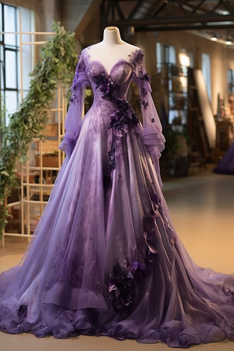 Lavender flower inspired gown Purple Fairy Dress, Gown Dress Design, Dress Design Ideas, Cassie Howard, Fairy Gown, Oc Fashion, Dark Purple Dresses, Purple Wedding Dress, Purple Gowns