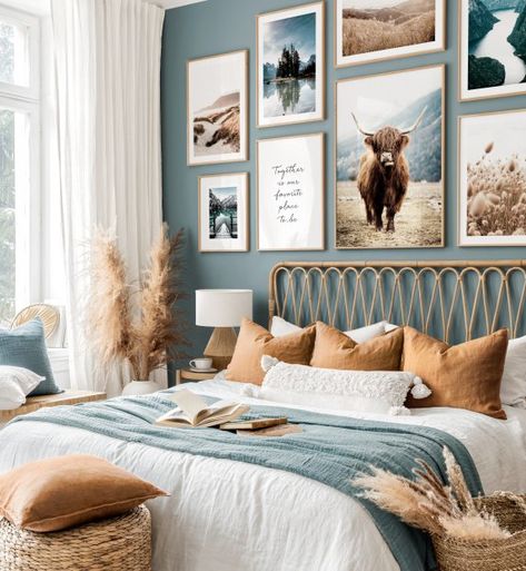 Breathtaking nature gallery wall Highland cow prints oak frames - Bedroom - Posterstore.com Design Ložnic, Minimalist Dekor, Gallery Wall Inspiration, Style Deco, Room Makeover Bedroom, Bedroom Green, Master Bedrooms Decor, Room Inspiration Bedroom, Bed Room