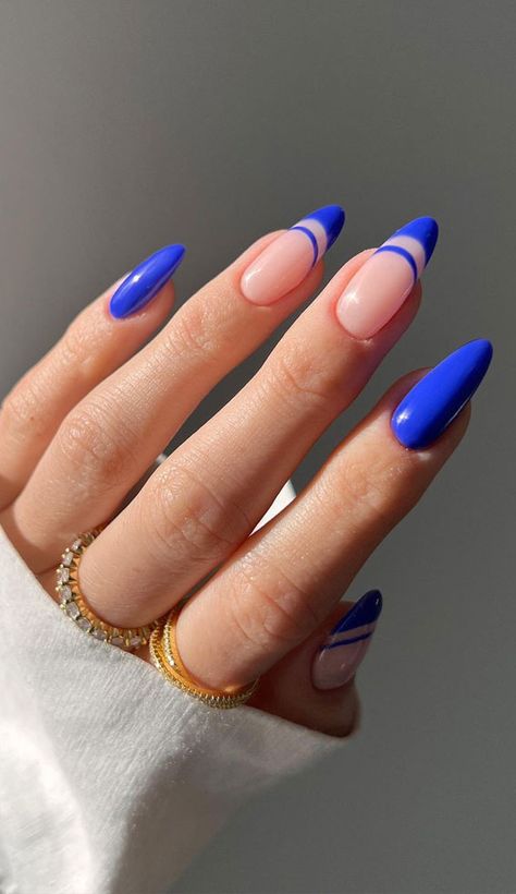 royal blue french tips, colored double french tips, colorful french tip nails, coloured french tips short nails, coloured french tip nails, modern french manicure, french manicure 2022, colored tips acrylic nails, french manicure ideas, colored tips nails, blue french tip nails, colored french tips almond Almond Nails French, Royal Blue Nails, Blue Acrylic Nails, Nagel Tips, Smink Inspiration, French Tip Acrylic Nails, Almond Nails Designs, Makijaż Smokey Eye, Almond Acrylic Nails