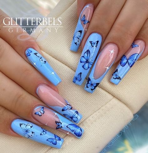 Black And Blue Butterfly Nails, Blue And Purple Butterfly Nails, Butterfly Square Nails, Coffin Butterfly Nails, Blue Butterfly Nails, Rave Nails, Butterfly Nail Designs, Chrome Nails Designs, Black Acrylic Nails