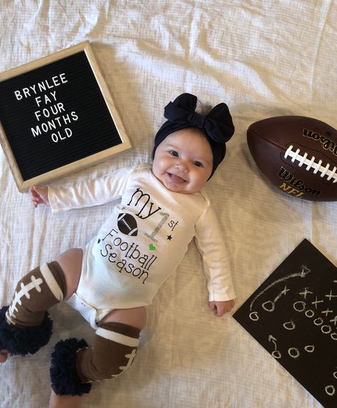 Monthly Photo- September Football Theme! September Month Baby Photoshoot, September Photoshoot Ideas Baby, September 1 Month Old Baby Pictures, September Baby Picture Ideas, Football Milestone Pictures, September Baby Monthly Pictures, September Baby Pictures, Baby Football Photoshoot, Football Baby Photoshoot