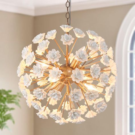 Mercer41 Maaike 11 - Light Sunburst Modern Glass Bubble Chandelier | Wayfair Chandelier Over Tub, Bathroom Chandelier, Sphere Chandelier, Champagne Flowers, Flower Chandelier, Chandelier Metal, Bubble Chandelier, Modern Crystal Chandelier, Geometric Chandelier